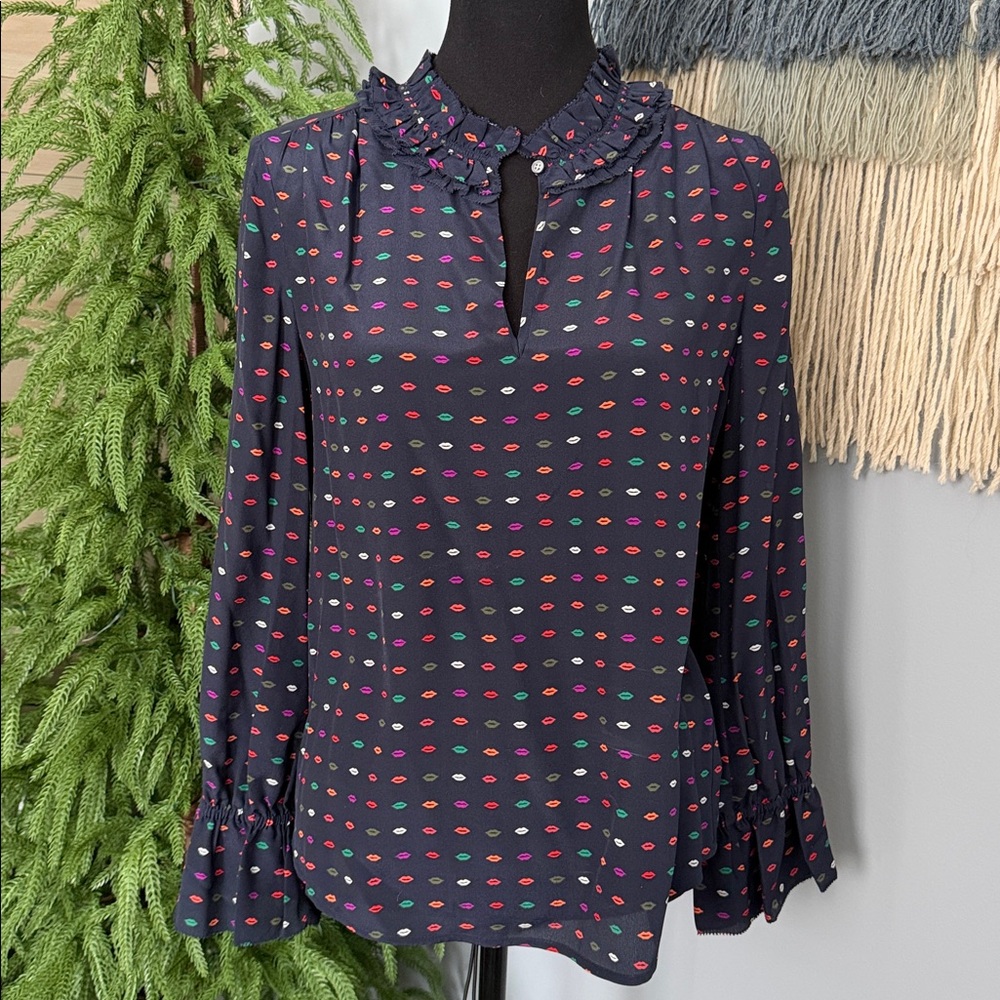 Last Days! NWT! J.Crew Lips Printed Blouse multi-color 100% Silk Size 2